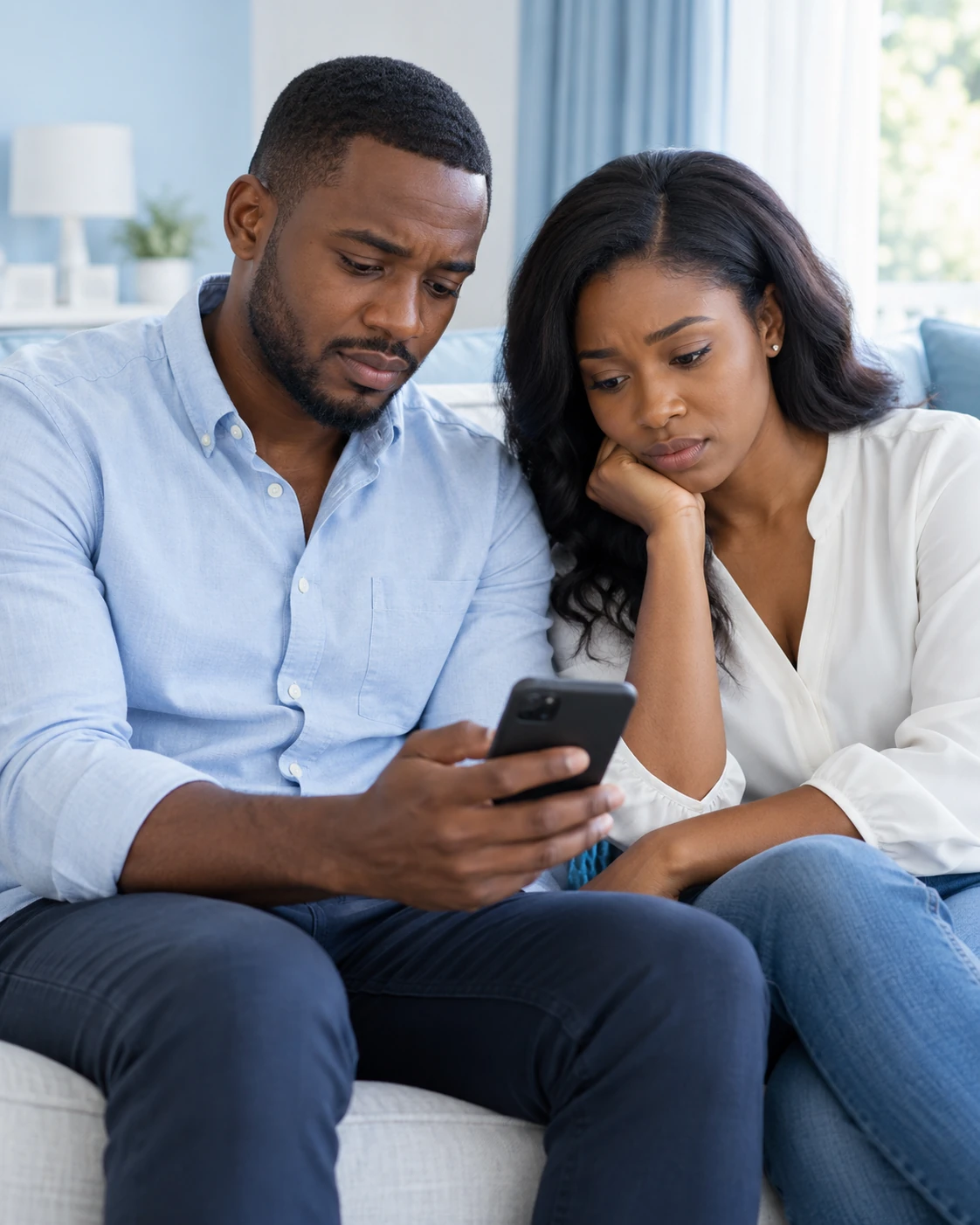 Illustration : un couple africain déçu regarde une invitation sur son téléphone